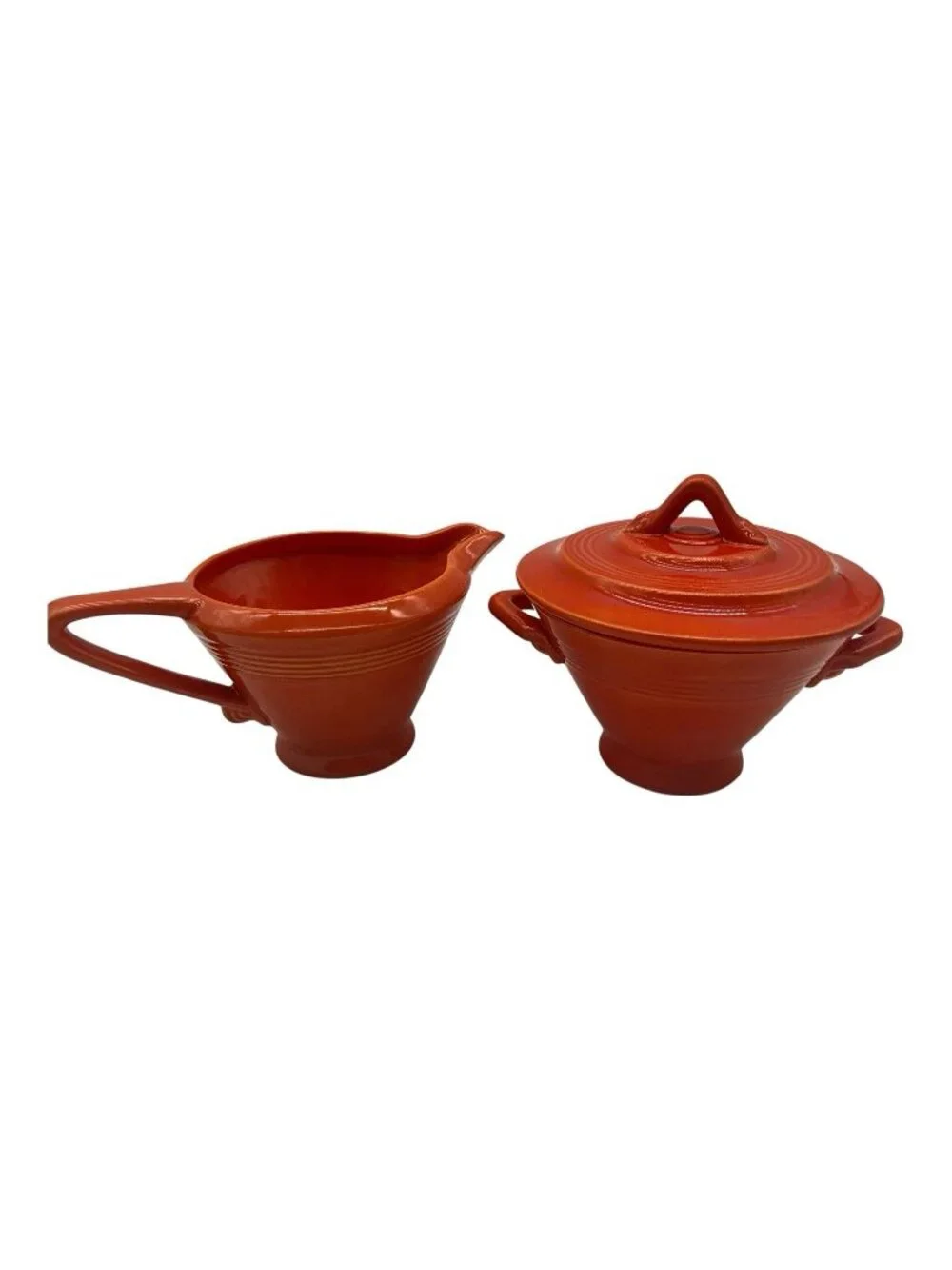 Homer Laughlin Harlequin Creamer and Lidded Sugar Bowl in a Red-Orange Glaze VTG